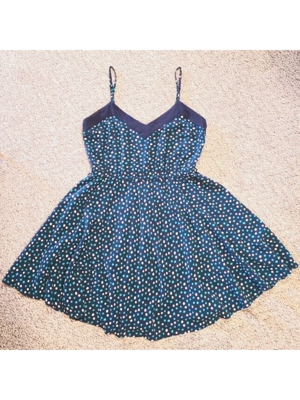 Y2K Aeropostale Polka Dot Flare Minidress Spaghetti Straps Navy Blue Size Small